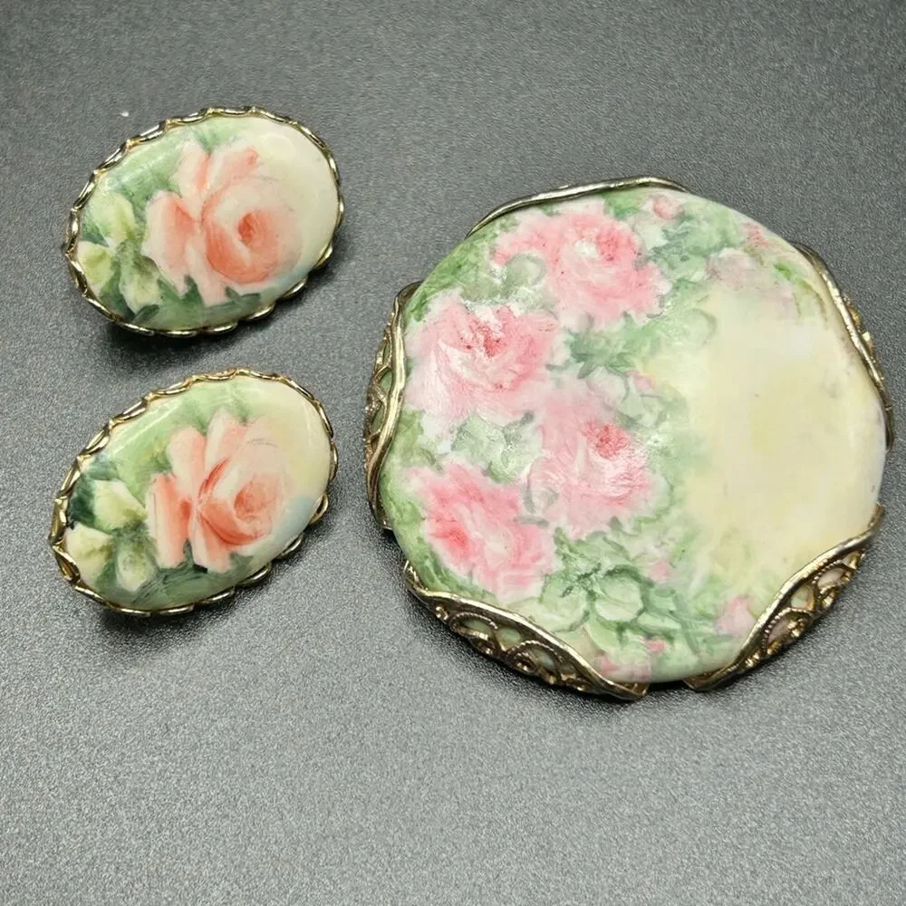 Vintage Victorian Hand painted porcelain brooch and earrings #647 Roses